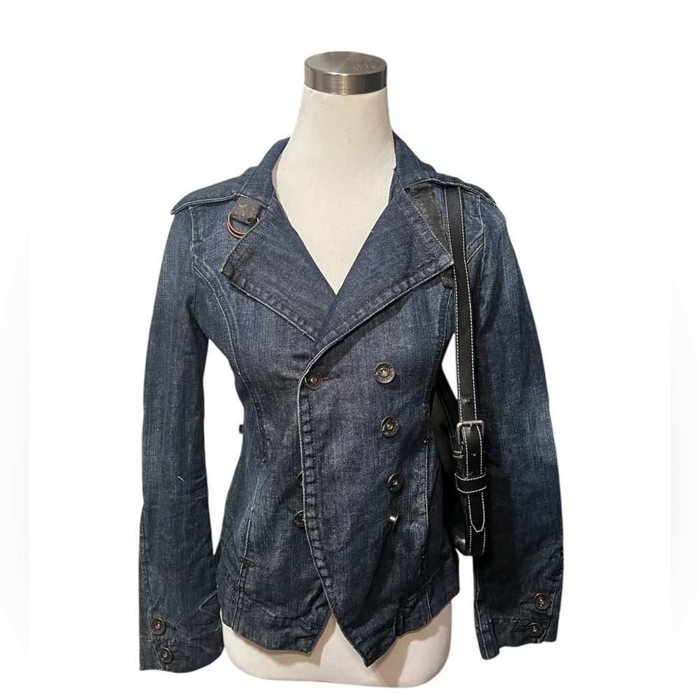 vintage y2k Dark wash denim jacket with a unique, distressed look